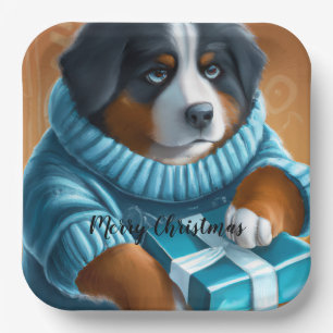 Bernese Mountain Hund mit Weihnachtsgeschenk Pappteller