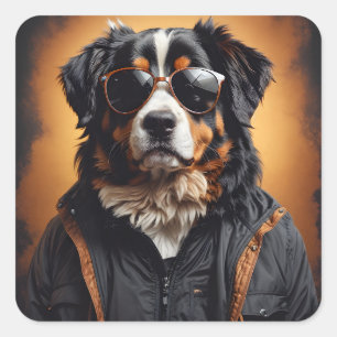 Bernese Mountain Hund tragen Jacket und Sonnenbril Quadratischer Aufkleber