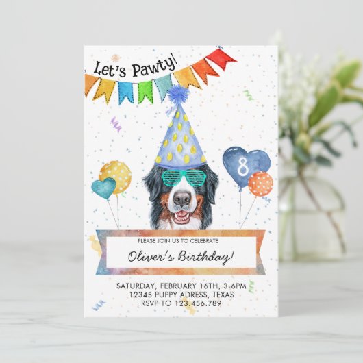 Bernese Mountain Lasse Pawty Dog Birthday Party Einladung (Stehend Vorderseite)