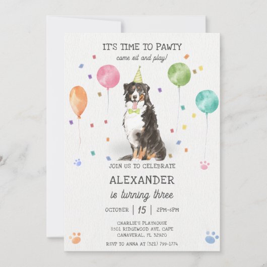 Bernese Mountain Pawty Puppy Birthday Pink Einladung (Vorderseite)