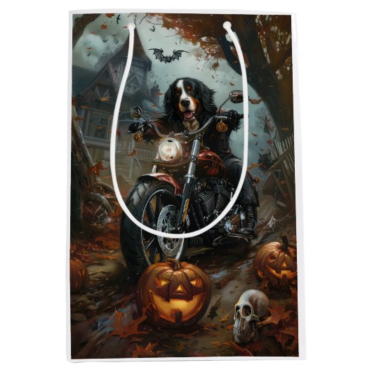 Bernese Mountain Riding Motorrad Halloween Beängst Mittlere Geschenktüte (Vorderseite)