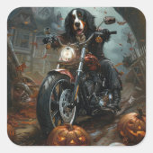 Bernese Mountain Riding Motorrad Halloween Beängst Quadratischer Aufkleber (Vorderseite)