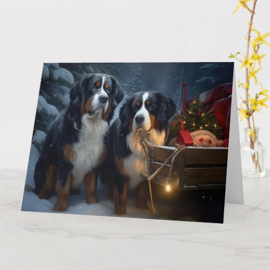 Bernese Mountain Snowy Sleigh Weihnachtsdekor Karte (Gelbe Blume)