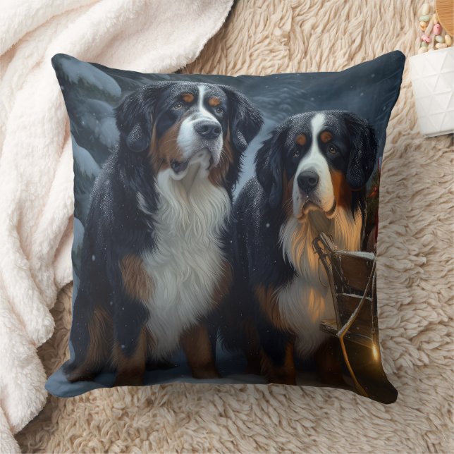 Bernese Mountain Snowy Sleigh Weihnachtsdekor Kissen (Decke)