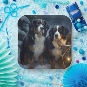 Bernese Mountain Snowy Sleigh Weihnachtsdekor Pappteller