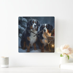 Bernese Mountain Snowy Sleigh Weihnachtsdekor Quadratische Wanduhr