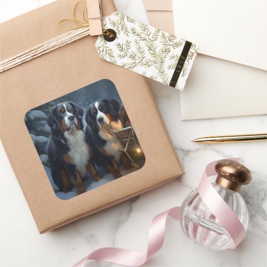 Bernese Mountain Snowy Sleigh Weihnachtsdekor Quadratischer Aufkleber (Schenken)