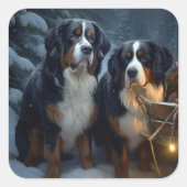 Bernese Mountain Snowy Sleigh Weihnachtsdekor Quadratischer Aufkleber (Vorderseite)