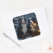 Bernese Mountain Snowy Sleigh Weihnachtsdekor Quadratischer Aufkleber (Umschlag)