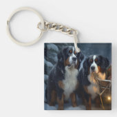 Bernese Mountain Snowy Sleigh Weihnachtsdekor Schlüsselanhänger (Vorderseite)