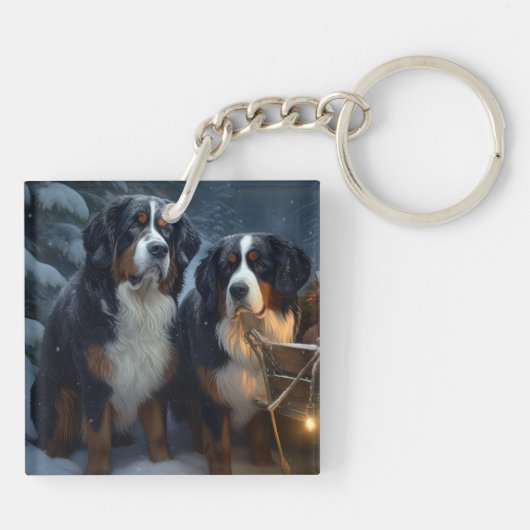 Bernese Mountain Snowy Sleigh Weihnachtsdekor Schlüsselanhänger (Rückseite)