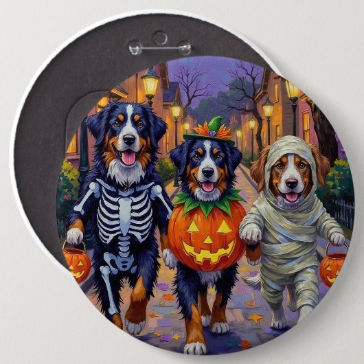 Bernese Mountain Trick oder Treating zu Halloween Button (Vorne & Hinten)