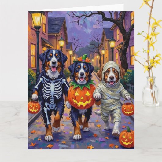 Bernese Mountain Trick oder Treating zu Halloween Karte (Gelbe Blume)