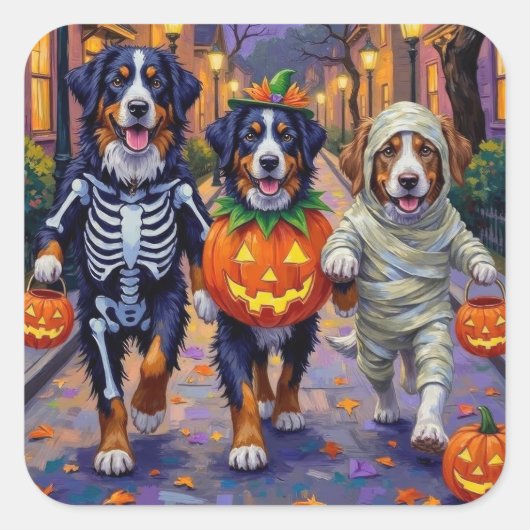 Bernese Mountain Trick oder Treating zu Halloween Quadratischer Aufkleber (Vorderseite)