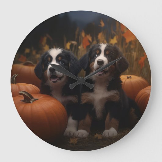 Bernese Mountain Welpe Herbst Kürbiskugel Große Wanduhr (Vorderseite)
