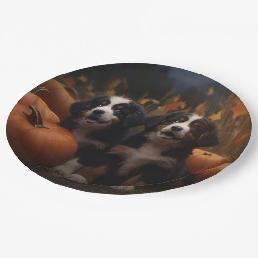 Bernese Mountain Welpe Herbst Kürbiskugel Pappteller (Schrägansicht)