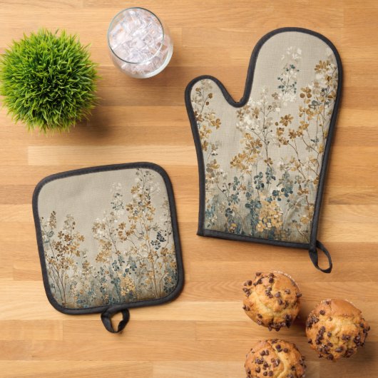 Bernstein-Wiesenblumen Ofenhandschuh & Topflappen-Set (Oben Unten)
