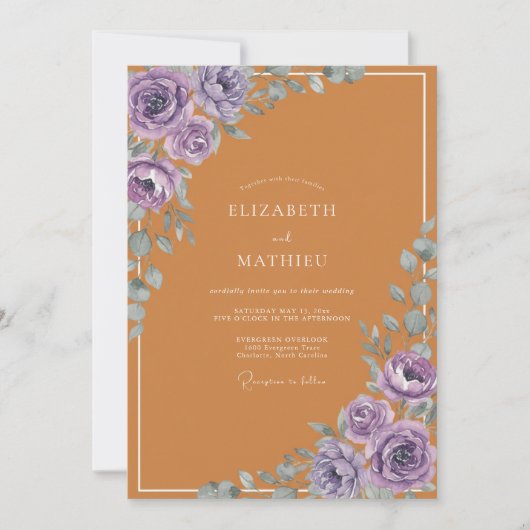 Bernsteinfarbene Lila-Blatt-Hochzeit Einladung (Vorderseite)