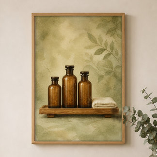 Bernsteinflaschen auf Teak-Holzwasserfarben-Farmho Poster