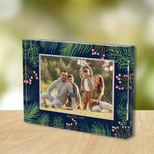 Berries Evergreens Christmas Custom Navy Blue Fotoblock