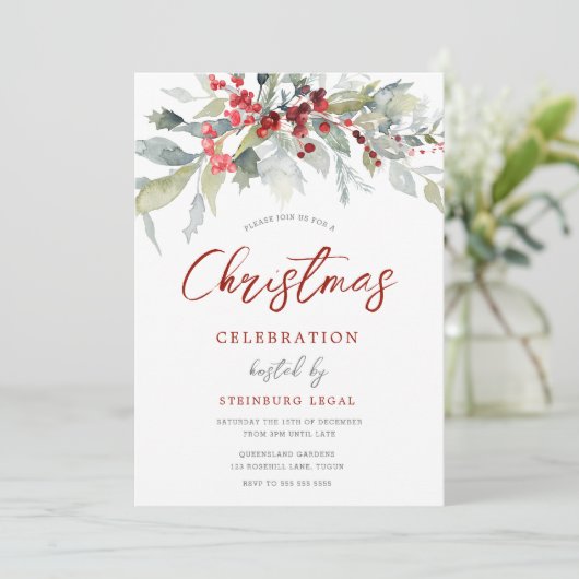 Berries Greenery Corporate Office Weihnachts-Party Einladung (Stehend Vorderseite)