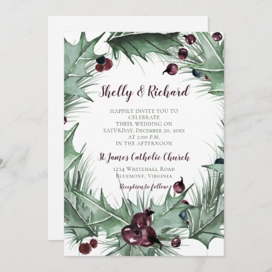 Berries, Holly und Ferns Winter Wedding Einladung (Vorne/Hinten)