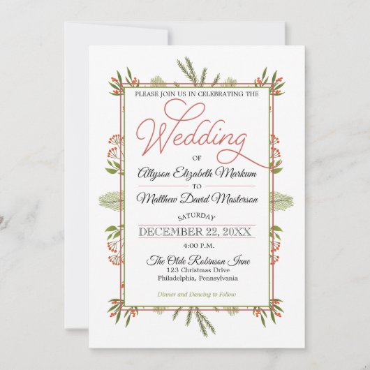 Berries und Winter Pine Greenery Holiday Wedding Einladung (Vorderseite)
