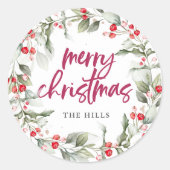 Berries Wreath Calligraphy Frohe Weihnachten Runder Aufkleber (Vorderseite)