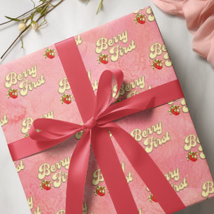 Berry 1. Geburtstag Pink Weiß Erdbeere Gold Geschenkpapier
