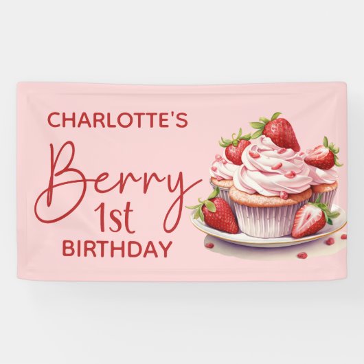 Berry 1. Geburtstag Rosa Rote Erdbeere Name Banner (Horizontal)