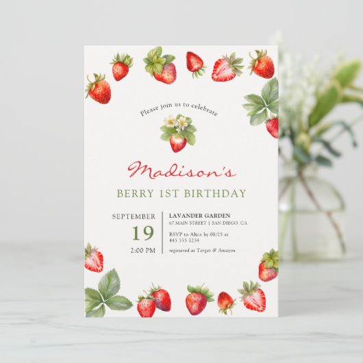 Berry 1. Geburtstag Strawberry Einladung (Stehend Vorderseite)
