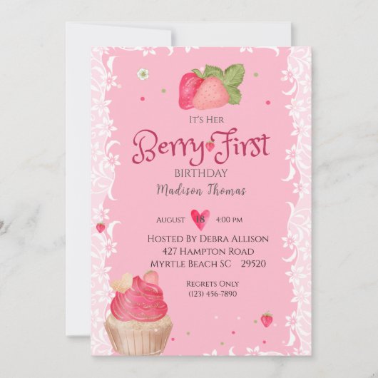 Berry 1. Geburtstag Strawberry Party Einladung (Vorderseite)