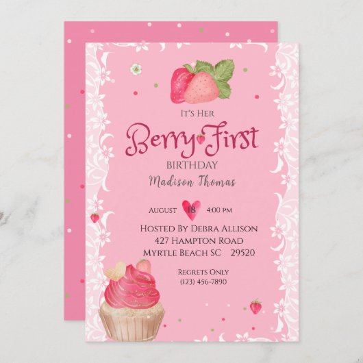 Berry 1. Geburtstag Strawberry Party Einladung (Vorne/Hinten)