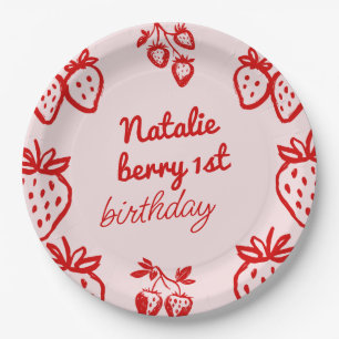 Berry 1. Pink Hand Drawn Strawberry Girl Geburtsta Pappteller