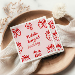 Berry 1. Pink Hand Drawn Strawberry Girl Geburtsta Serviette