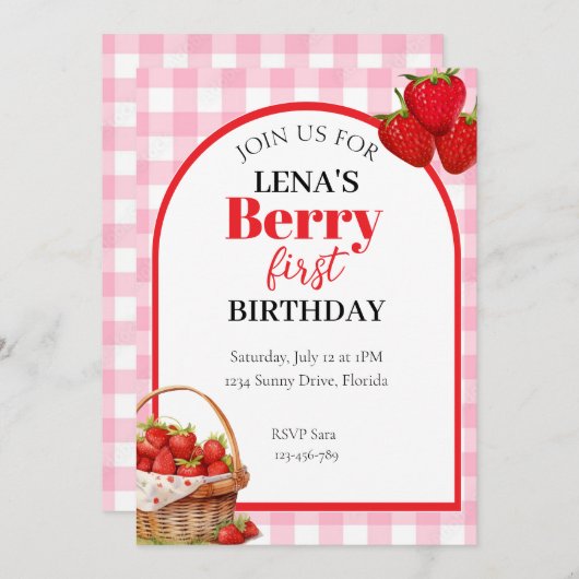 Berry 1st Bday Strawberry Einladung (Vorne/Hinten)