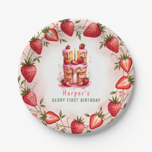 Berry 1st Birthday Plate Letter H Cake Design Pappteller (Vorderseite)