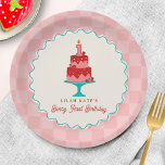 Berry 1st Birthday Strawberry Basket Checkerboard Pappteller<br><div class="desc">"Berry First Birthday" Erdbeeren Thema erste Geburtstagsparty Thema mit Darstellung der Erdbeermarkt-Korb der Bauern mit Kerze überragt. Die Grenze ist ein rosa Schachbrett mit blau-weißem Design.</div>