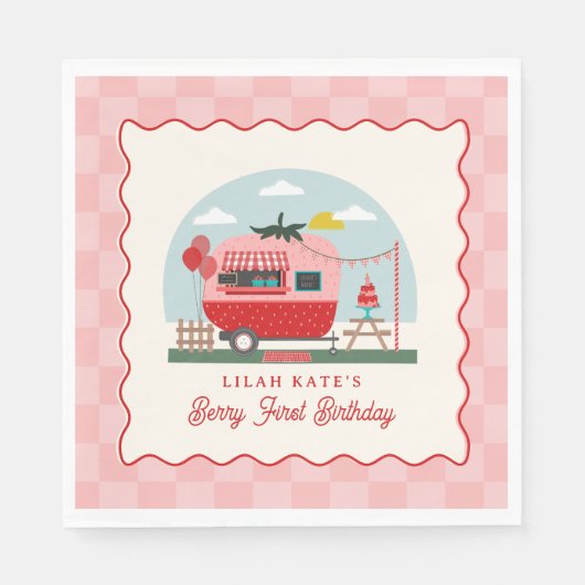 Berry 1st Birthday Strawberry Camper Schachbrett Serviette (Vorderseite)