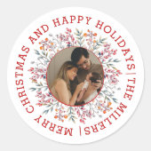 Berry, Blatt Rot Happy Holidays Weihnachts-Foto Runder Aufkleber (Vorderseite)