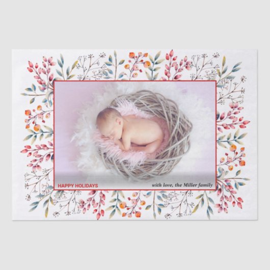 Berry, Blatt Rot Happy Holidays Weihnachts-Foto Seidenpapier (Vorderseite)