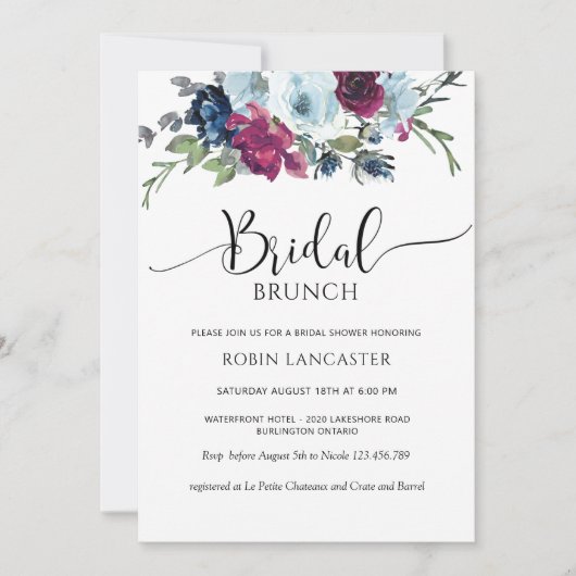 Berry, Blau, Burgund Bridal Brunch/Dusche Einladung (Vorderseite)