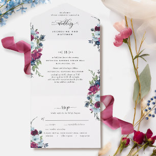 Berry, Blau, Burgunder Hochzeit mit perforierter R All In One Einladung