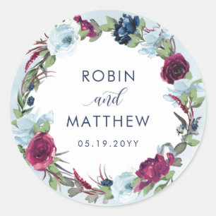 Berry, Blue Burgundy Floral Gevor/ Umschlag Aufkle Runder Aufkleber