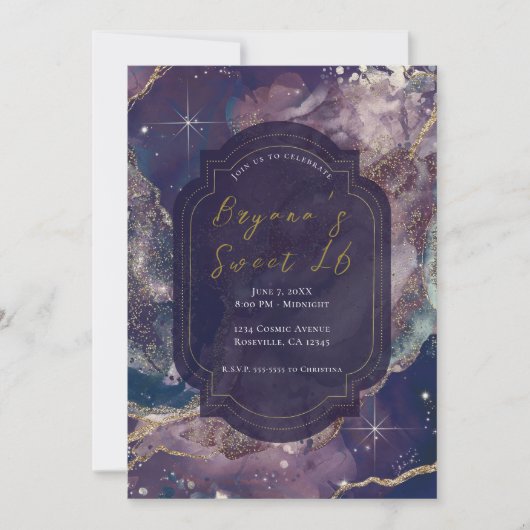 Berry Blue Watercolor Gold Celestial Sweet 16 Einladung (Vorderseite)