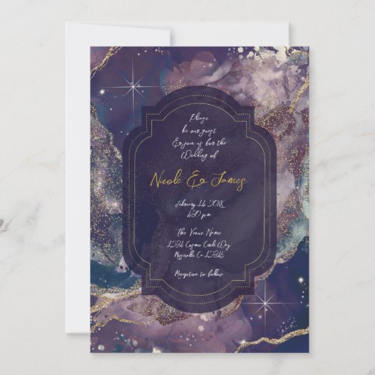 Berry Blue Watercolor Gold Celestial Wedding Einladung (Vorderseite)