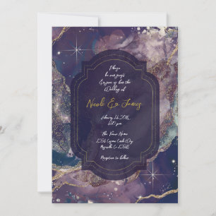 Berry Blue Watercolor Gold Celestial Wedding Einladung
