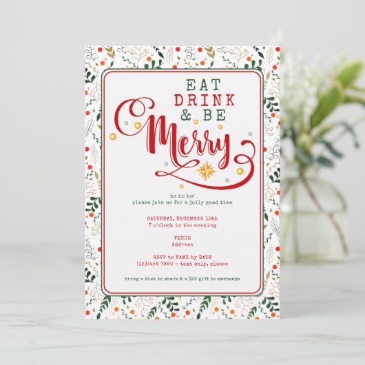 Berry Branch Eat Drink Be Merry Christmas Potluck Einladung (Stehend Vorderseite)