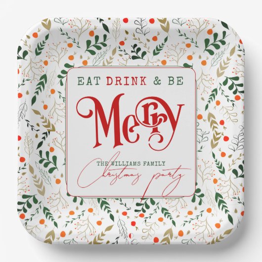 Berry Branch essen, trinken Sie frohe Weihnachten Pappteller (Vorderseite)