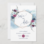 Berry, Burgund und Blauer Floral, Elegante Hochzei Save The Date (Vorderseite)
